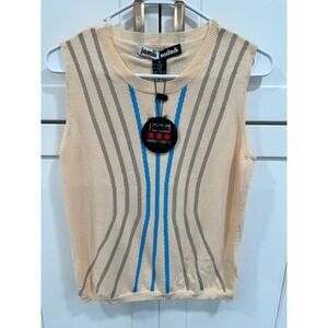 Jamie Sadock Sleeveless Knit Top Women's Size M Beige Blue Stripe Golf